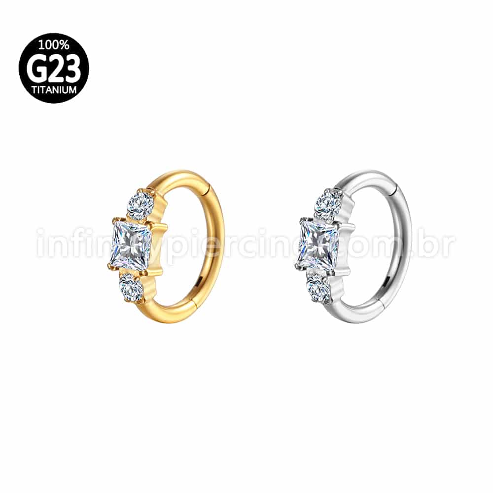 Piercing Argola Titânio Segmento Articulado Quadrado/Redondo Zircônias Cravejadas